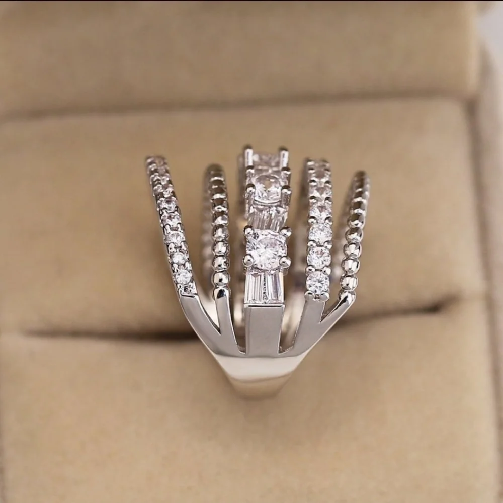 MULTI Band Diamond CZ Stone Ring Stacked Statement Wide Silver Multilayered